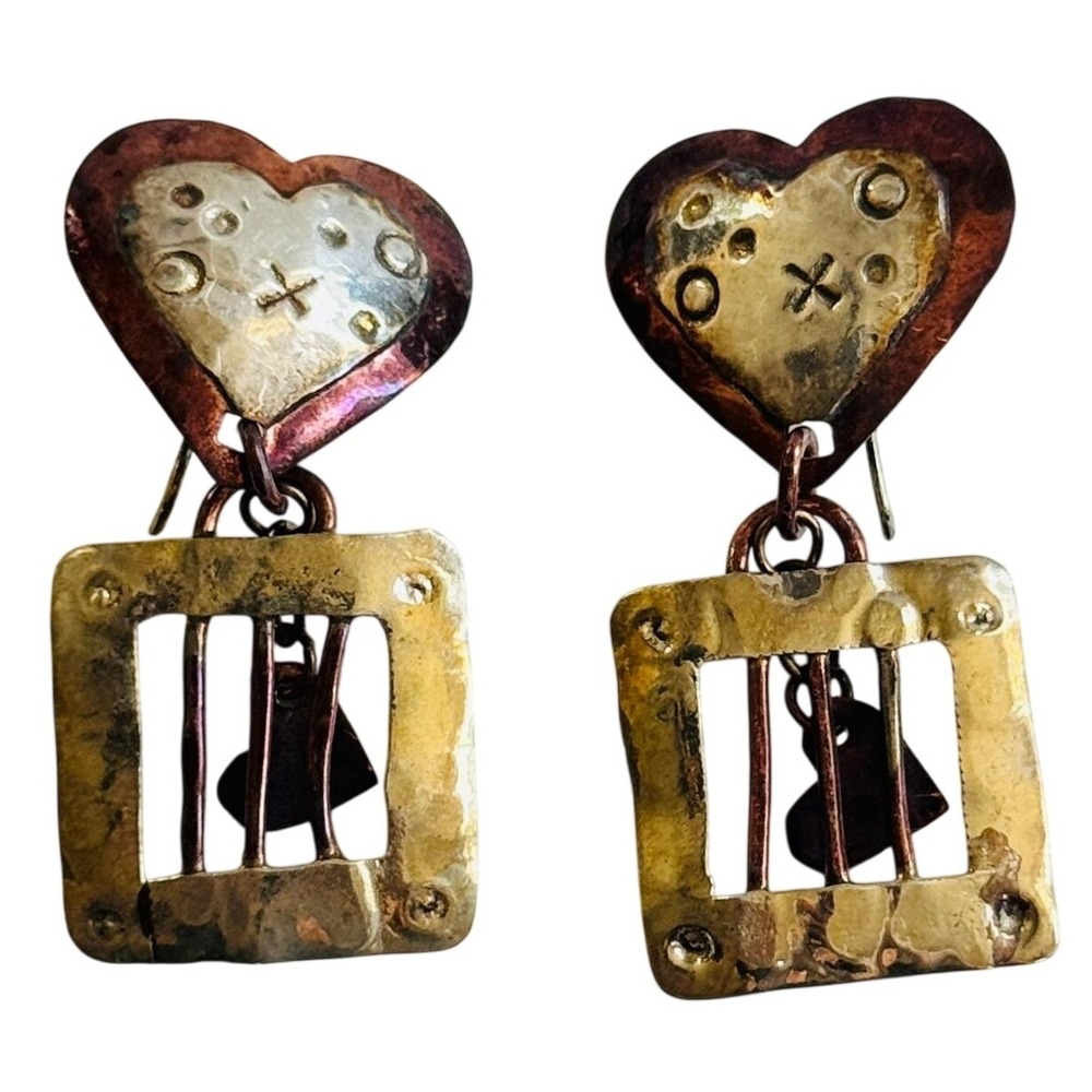 Cindy Bolin Heart Artisan Earrings Dangle hammered textured Copper sterling 925‎
